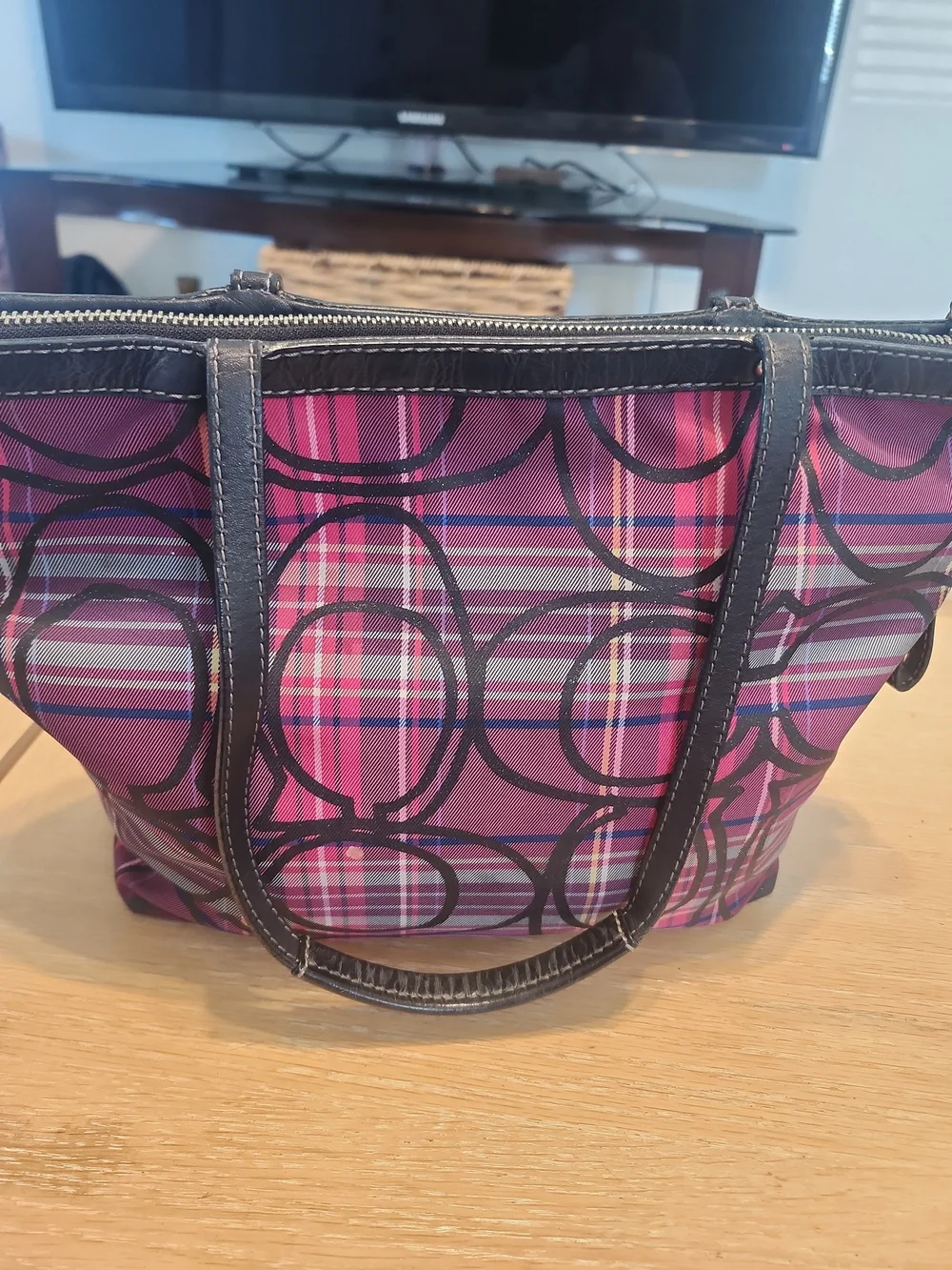 Coach Purple Pink Plaid Tote with Signature Circle Logo